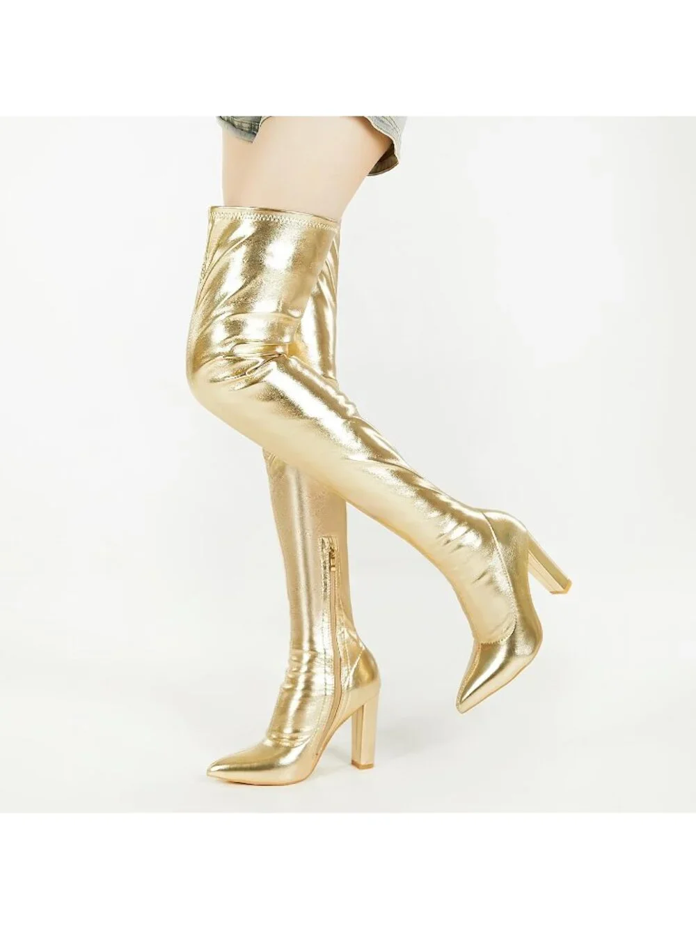 Women's Gold Metallic Patent Side Zipper Over-the-Knee Thigh High Heel Gogo Boot